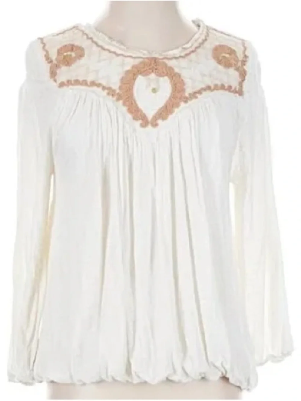 Free People Cream Long Sleeve Peasant Top with Tan Crochet Accents